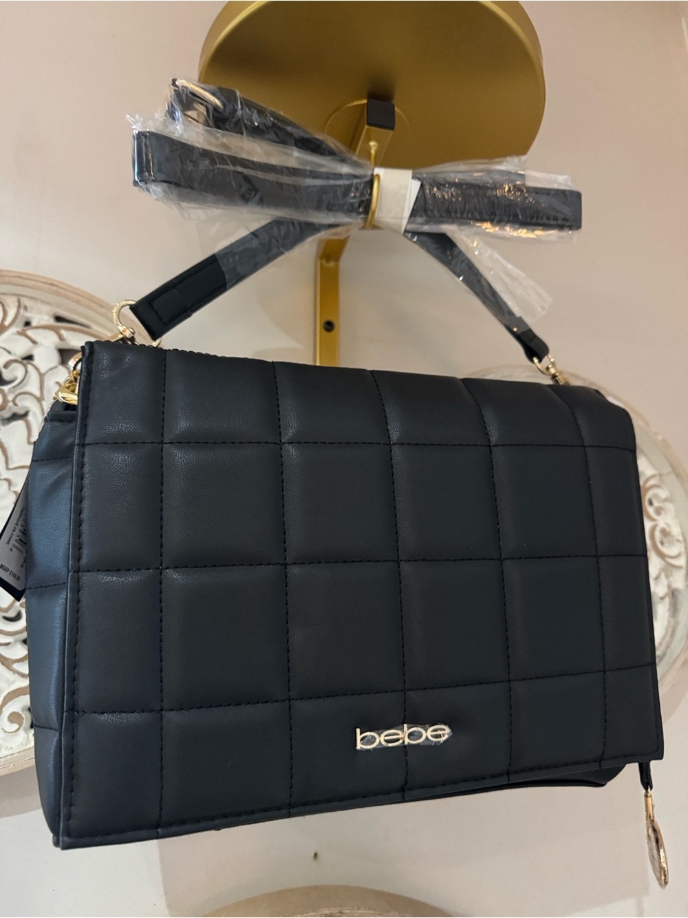bebe Quilted Black Shoulder Bag with Gold Logo